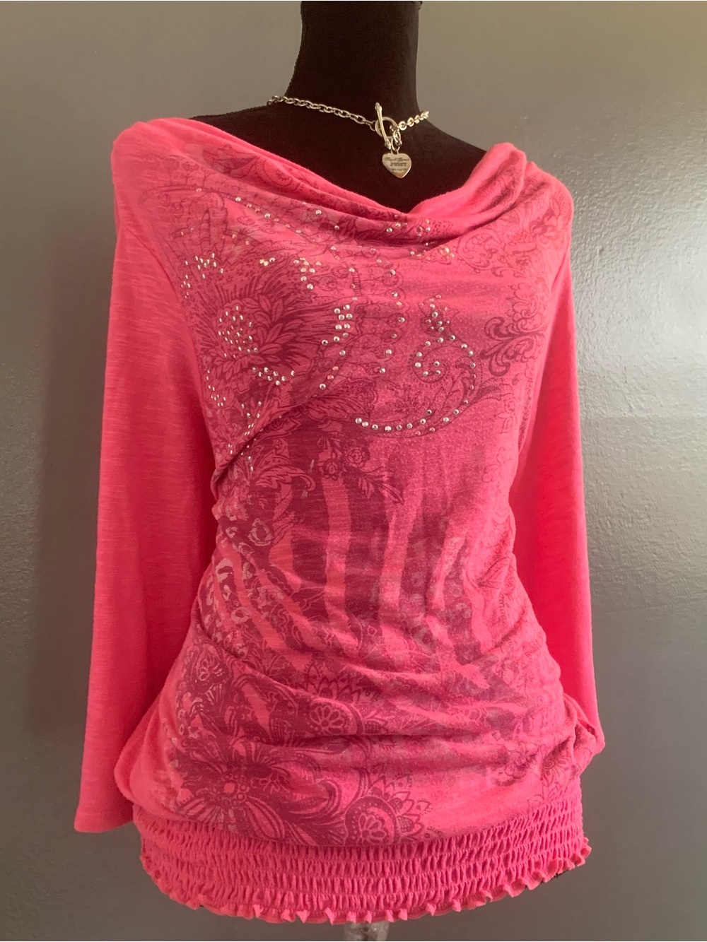 Style & Co. Pink Embellished Cowl Neck Long Sleeve Top